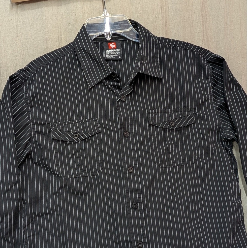 Southpole Mens Pinstripe Button Up Shirt Black White Long Sleeve Large